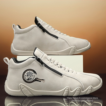 2025 Νέα Δερμάτινα Παπούτσια Ψηλού Τόπου για Άνδρες, Slip-On στο Πλάι με Φερμουάρ, Casual Κορεάτικο Δερμάτινα Πέντε Δάχτυλα Λευκά Παπούτσια, Μοντέρνα Παπούτσια