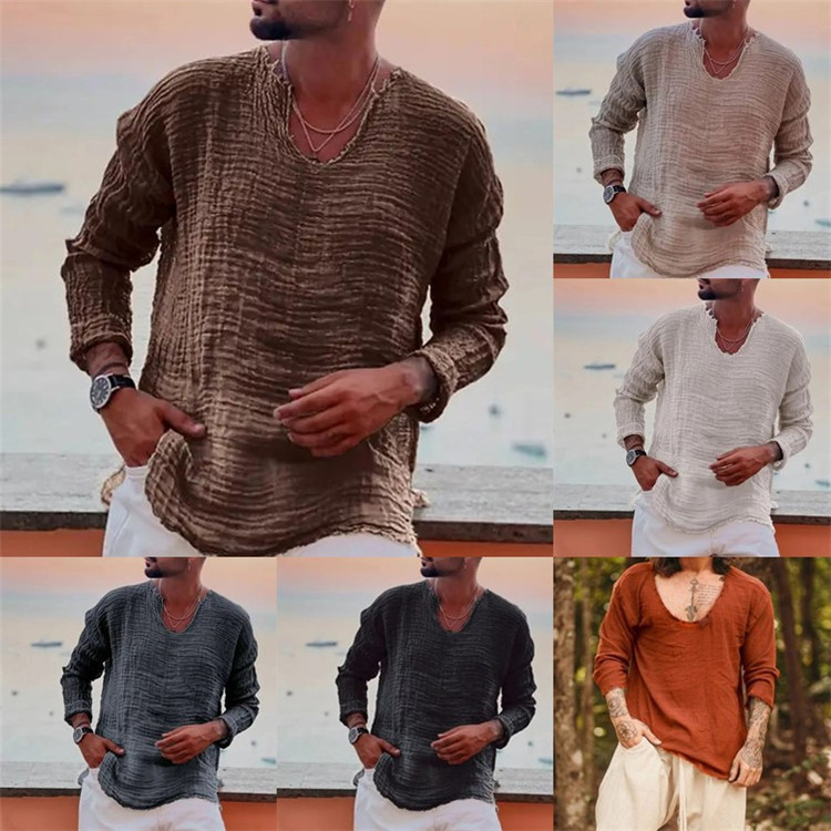 Pánska ľanová ležérna voľná košeľa s dlhým rukávom a výstrihom do V, s abrazívnym efektom