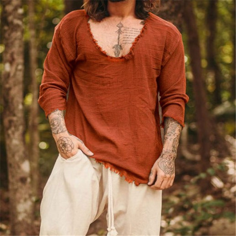 Pánska ľanová ležérna voľná košeľa s dlhým rukávom a výstrihom do V, s abrazívnym efektom