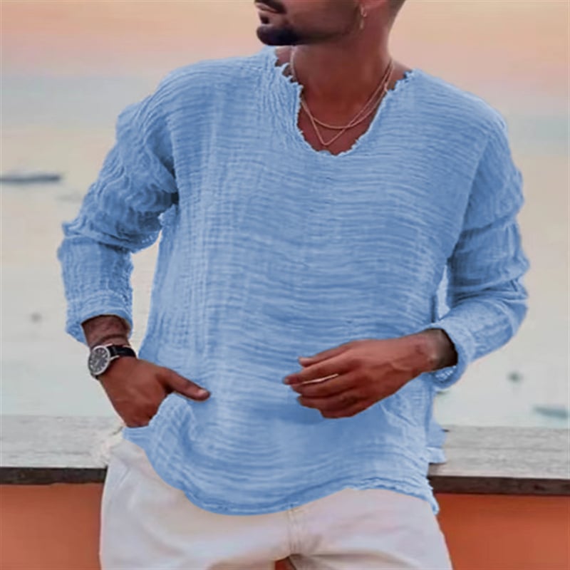 Pánska ľanová ležérna voľná košeľa s dlhým rukávom a výstrihom do V, s abrazívnym efektom