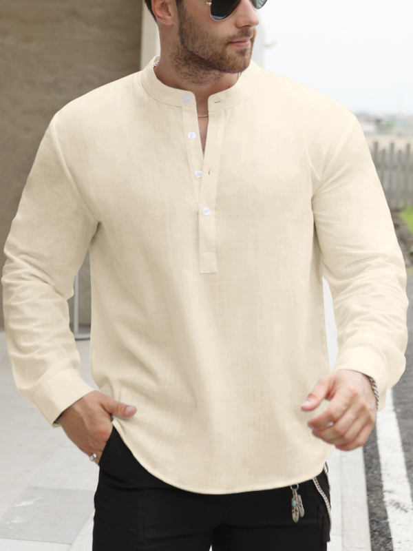 Ľahké a tenké pánske tričko s dlhým rukávom a golierom, jednofarebné, s dlhým rukávom a lemom, Li Shan, WISH, bavlnená podšívka z konope