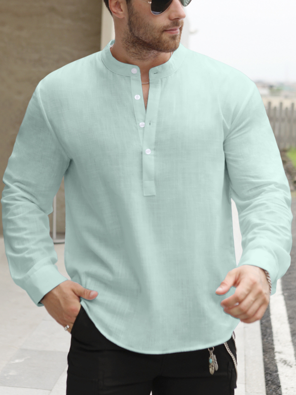 Ľahké a tenké pánske tričko s dlhým rukávom a golierom, jednofarebné, s dlhým rukávom a lemom, Li Shan, WISH, bavlnená podšívka z konope