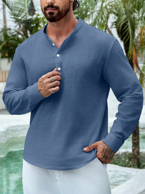 Ľahké a tenké pánske tričko s dlhým rukávom a golierom, jednofarebné, s dlhým rukávom a lemom, Li Shan, WISH, bavlnená podšívka z konope