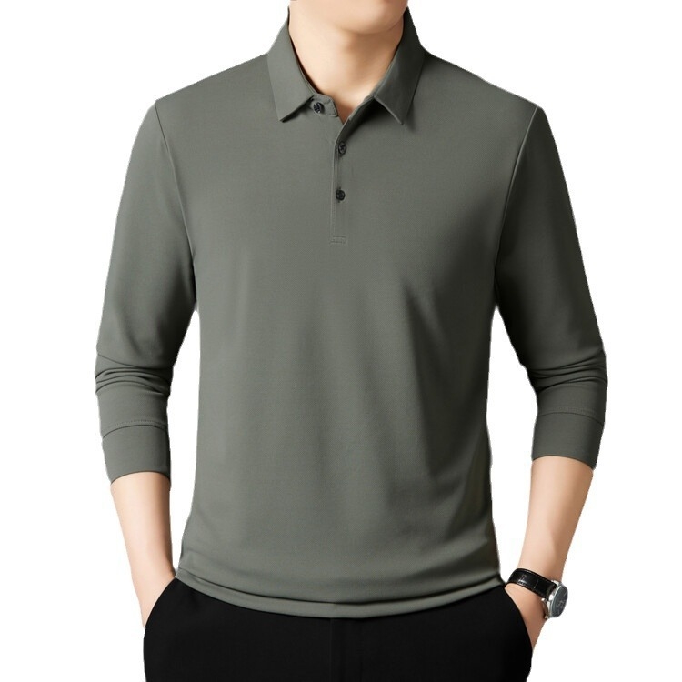 Tricou cu mânecă lungă pentru bărbați, culoare solidă, rever, tricou polo, tricou casual de afaceri pentru tineri și vârste mijlocii, tricou all-match, topuri pentru bărbați, îmbrăcăminte pentru bărbați