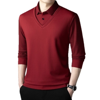 Tricou bărbați 2025, primăvara și toamna, cu mânecă lungă, model Faux, din două piese, strat de bază, confortabil, casual, respirabil, de vârstă mijlocie