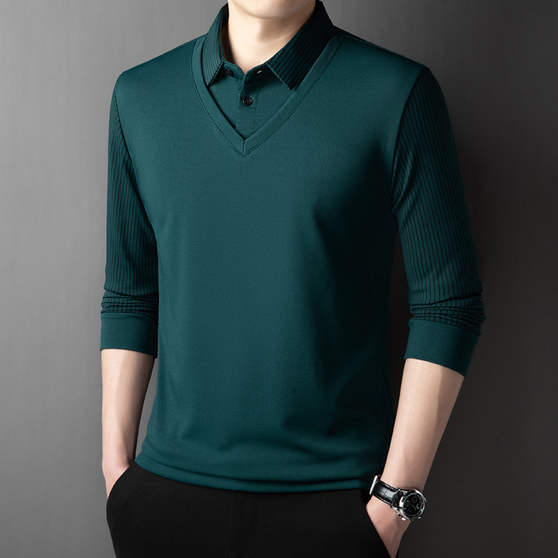 Tricou bărbați 2025, primăvara și toamna, cu mânecă lungă, model Faux, din două piese, strat de bază, confortabil, casual, respirabil, de vârstă mijlocie