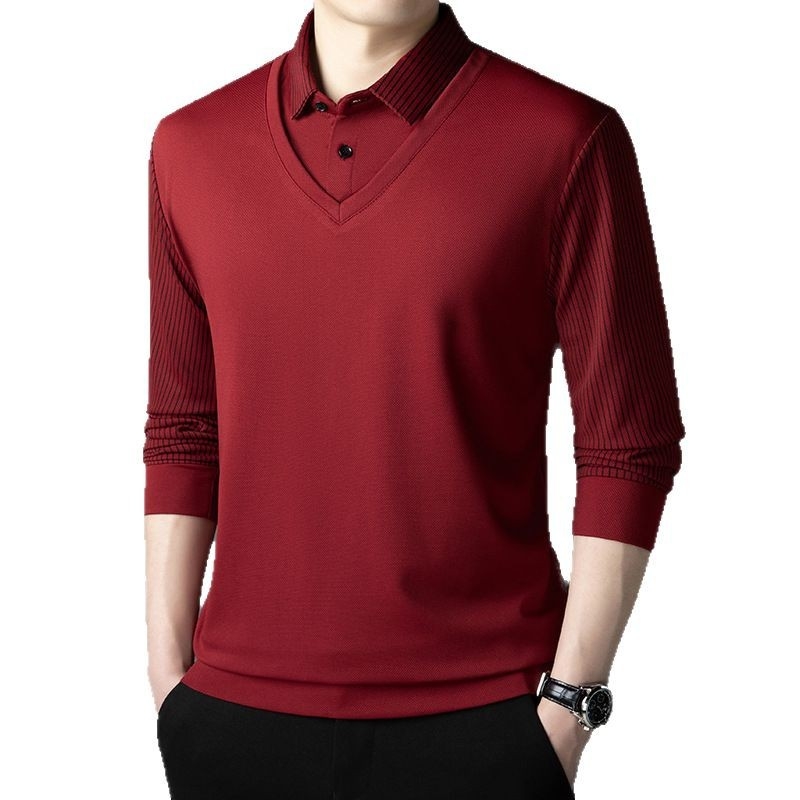 Tricou bărbați 2025, primăvara și toamna, cu mânecă lungă, model Faux, din două piese, strat de bază, confortabil, casual, respirabil, de vârstă mijlocie