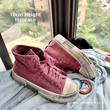 Rozā augstpapēžu audekla apavi vīriešu iekšējais augstuma palielināšanas apavi 10 cm nišas dizaina universālie čības retro veci netīri apavi