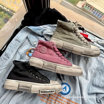 Rozā augstpapēžu audekla apavi vīriešu iekšējais augstuma palielināšanas apavi 10 cm nišas dizaina universālie čības retro veci netīri apavi