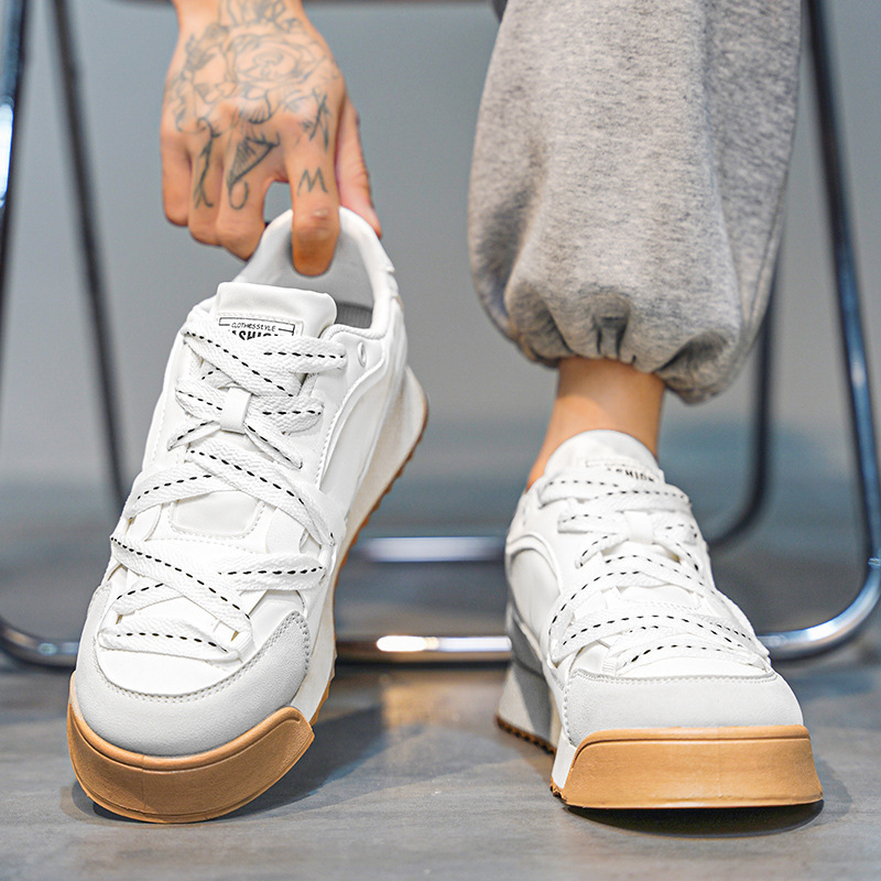 Pantofi de vară pentru bărbați, nișă, all-match, casual, albi, pantofi plati, piele pentru tineri, sport, talpă groasă, înălțime, pantofi la modă de antrenament german