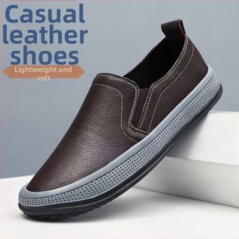 Νέα δερμάτινα παπούτσια για μπαμπάδες Άνοιξη 2025, με στρογγυλή μύτη, δερμάτινα παπούτσια με slip-on, μαλακή σόλα, αντιολισθητικά, ανθεκτικά στη φθορά, ανδρικά παπούτσια