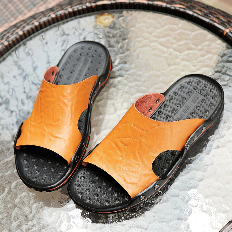 [piele de vacă adevărată] papuci de vară pentru bărbați din piele naturală, papuci cu un singur cuvânt, sandale pentru bărbați la modă, mărime plus, antiderapante, rezistente la uzură