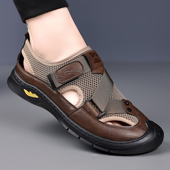 Letné nové pánske ležérne plážové topánky z dutej sieťoviny, kožené topánky, pánske priedušné topánky s otvormi na špičke, sandále pre otcov