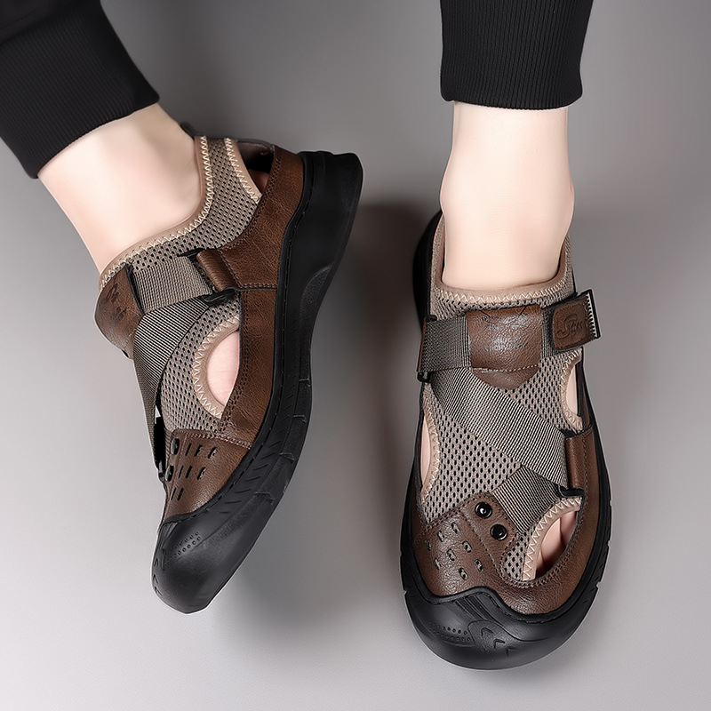 Letné nové pánske ležérne plážové topánky z dutej sieťoviny, kožené topánky, pánske priedušné topánky s otvormi na špičke, sandále pre otcov