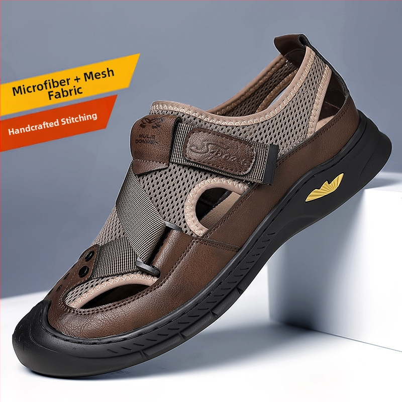 Letné nové pánske ležérne plážové topánky z dutej sieťoviny, kožené topánky, pánske priedušné topánky s otvormi na špičke, sandále pre otcov