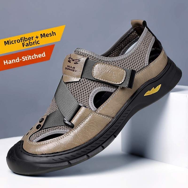 Letné nové pánske ležérne plážové topánky z dutej sieťoviny, kožené topánky, pánske priedušné topánky s otvormi na špičke, sandále pre otcov