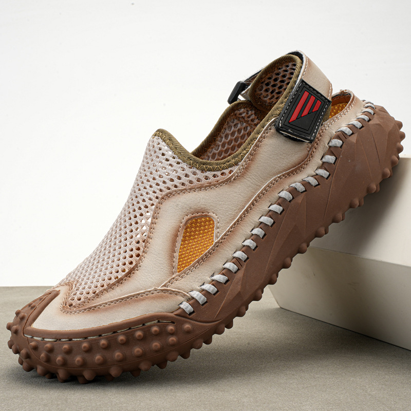 2024-es nyári férfi fedett orrú szandál külkereskedelmi, plus size vastag talpú szandál, kézzel varrott, lélegző, hétköznapi hálós cipő