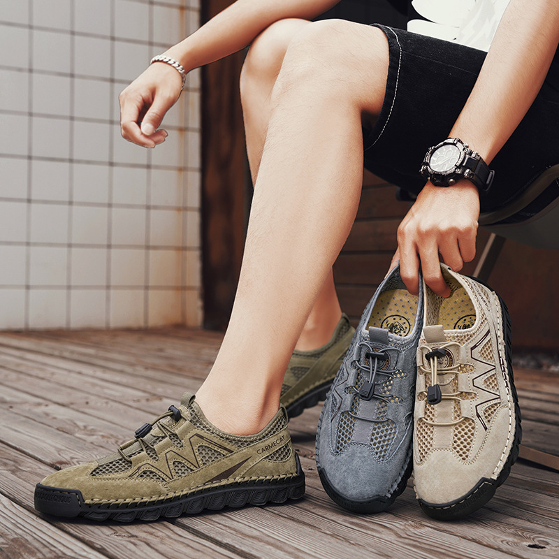 Letné cezhraničné pánske sandále z kože Amazon, priedušné, duté, ležérne, sieťované, horolezecké sandále