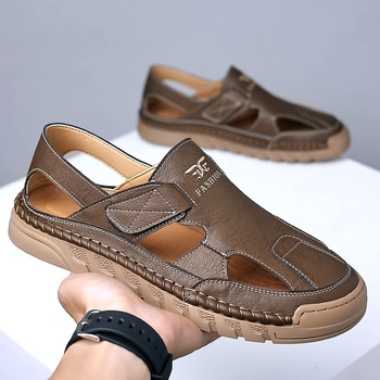 Sandale de vară pentru bărbați, sandale confortabile, cu găuri, respirabile, din piele, purtate în exterior, cu fund moale, casual, pentru conducere