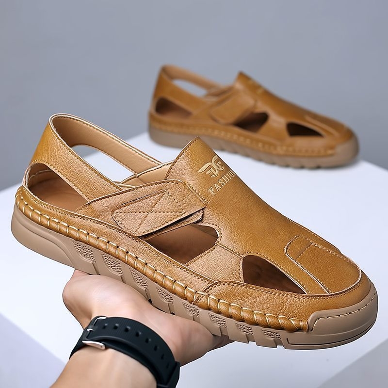 Sandale de vară pentru bărbați, sandale confortabile, cu găuri, respirabile, din piele, purtate în exterior, cu fund moale, casual, pentru conducere