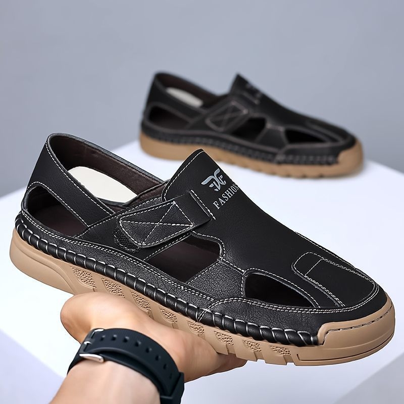 Sandale de vară pentru bărbați, sandale confortabile, cu găuri, respirabile, din piele, purtate în exterior, cu fund moale, casual, pentru conducere