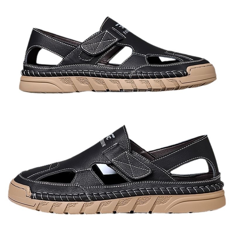 Sandale de vară pentru bărbați, sandale confortabile, cu găuri, respirabile, din piele, purtate în exterior, cu fund moale, casual, pentru conducere