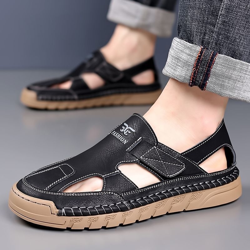 Sandale de vară pentru bărbați, sandale confortabile, cu găuri, respirabile, din piele, purtate în exterior, cu fund moale, casual, pentru conducere