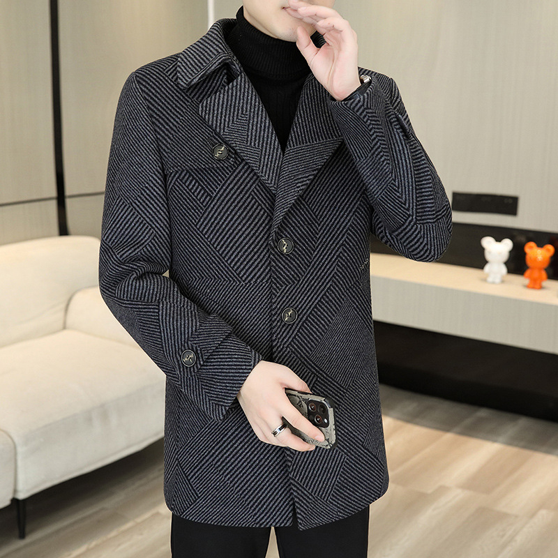 Vyriškas vidutinio ilgio kašmyro vilnonis paltas, madingas, vidutinio ilgio, rudens ir žiemos laisvalaikio stiliaus, kašmyro vilnonis paltas vyrams su vakarietiška apykakle.