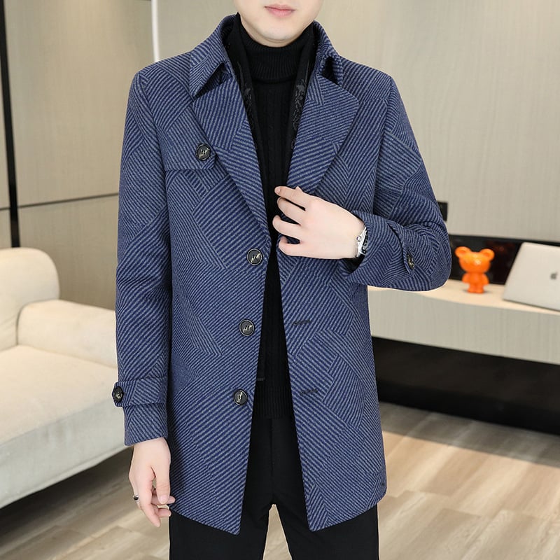 Vyriškas vidutinio ilgio kašmyro vilnonis paltas, madingas, vidutinio ilgio, rudens ir žiemos laisvalaikio stiliaus, kašmyro vilnonis paltas vyrams su vakarietiška apykakle.