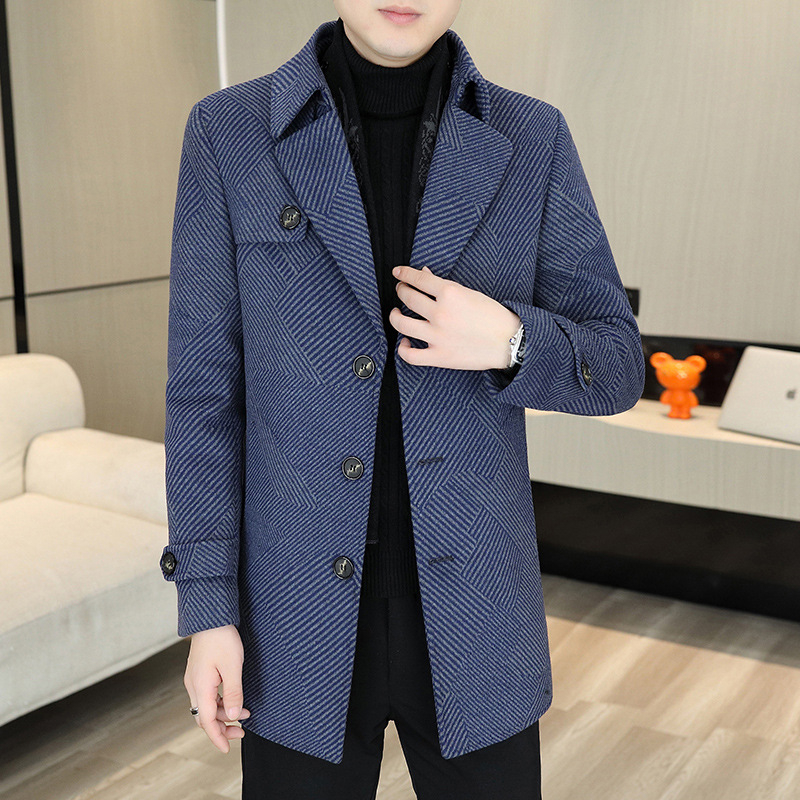 Vyriškas vidutinio ilgio kašmyro vilnonis paltas, madingas, vidutinio ilgio, rudens ir žiemos laisvalaikio stiliaus, kašmyro vilnonis paltas vyrams su vakarietiška apykakle.