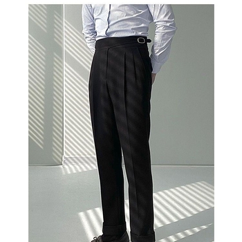 Σπιτικό ανδρικό κοστούμι Mr. Lu San, φθινοπωρινό και χειμωνιάτικο, με ψηλή μέση, σε ίσια γραμμή, σε casual γραμμή, από τη Νάπολη, βρετανικό ρετρό παντελόνι που ταιριάζει απόλυτα.