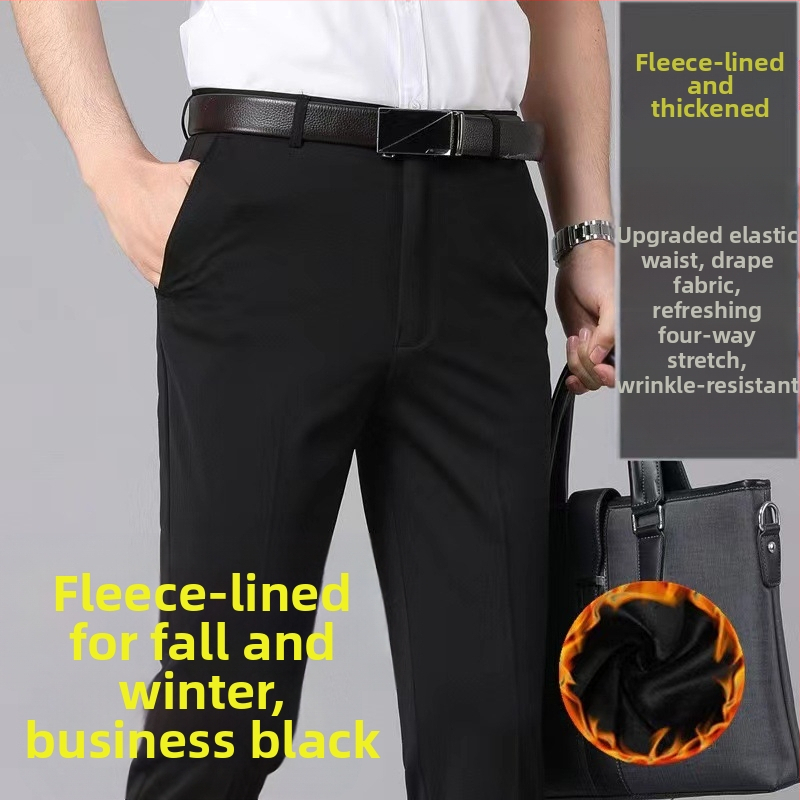 Pantaloni de afaceri cu căptușeală din fleece pentru toamnă și iarnă, pantaloni casual pentru bărbați, de vârstă mijlocie și vârstnici, lejeri, drepți, de primăvară și de toamnă, pantaloni lungi elastici pentru bărbați