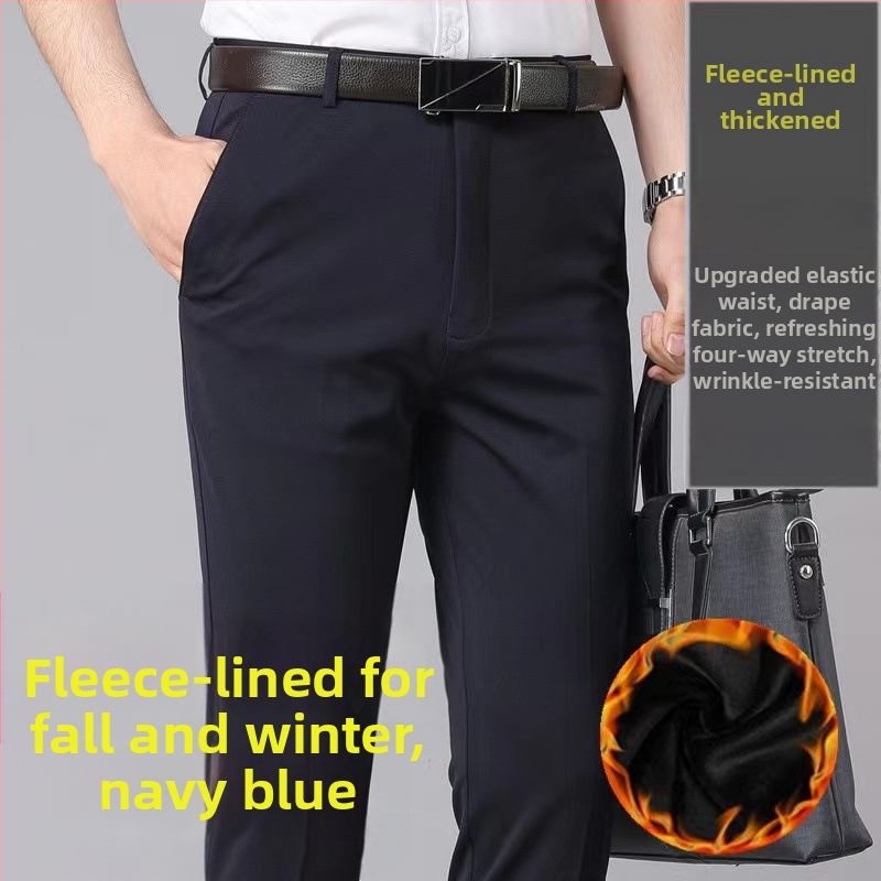 Pantaloni de afaceri cu căptușeală din fleece pentru toamnă și iarnă, pantaloni casual pentru bărbați, de vârstă mijlocie și vârstnici, lejeri, drepți, de primăvară și de toamnă, pantaloni lungi elastici pentru bărbați