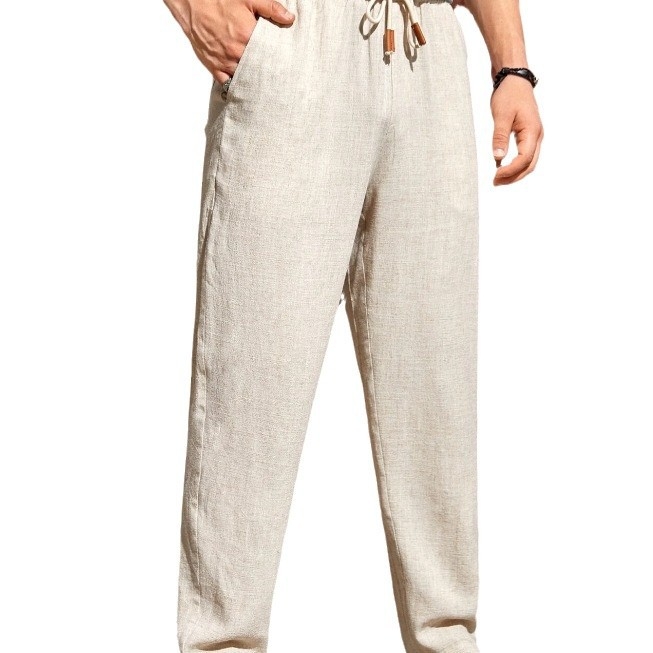 Pantaloni transfrontalieri noi pentru bărbați din bumbac și in, pantaloni casual, confortabili, cu șnur drept, producători, en-gros, la modă și versatili