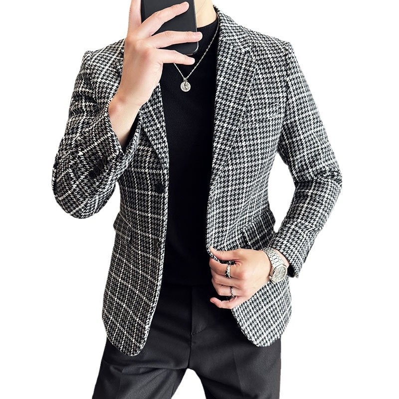 Raputa uue põlvkonna Korea versiooni saledast meeste vabaaja houndstooth-ülikonnast, polsterdatud jopega, mis on kõrge tundlikkusega ülikond.