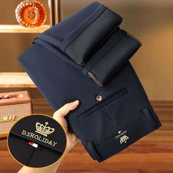 Jarné a jesenné hrubé pánske ležérne nohavice, luxusné vyšívané, nežehliteľné pánske nohavice s flísovou podšívkou, teplé nohavice, rovné obchodné nohavice