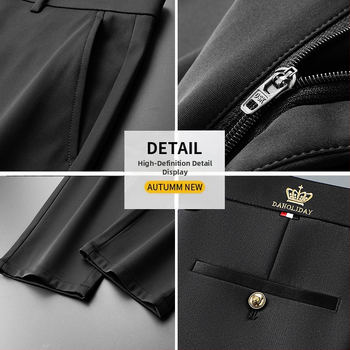 Jarné a jesenné hrubé pánske ležérne nohavice, luxusné vyšívané, nežehliteľné pánske nohavice s flísovou podšívkou, teplé nohavice, rovné obchodné nohavice