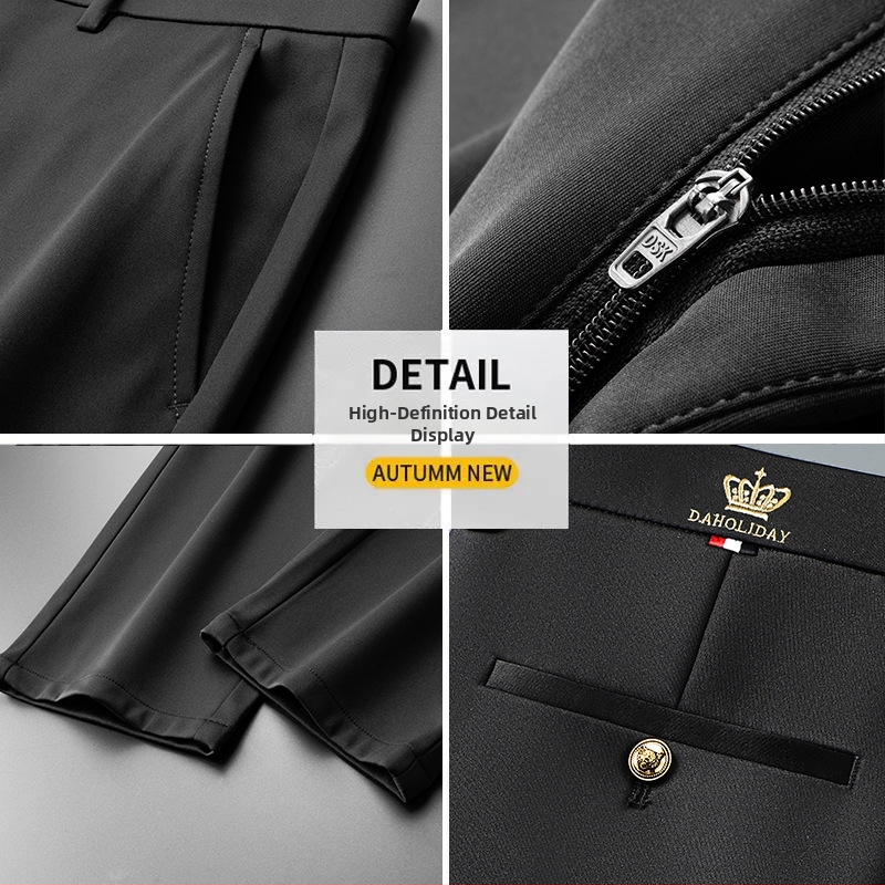 Jarné a jesenné hrubé pánske ležérne nohavice, luxusné vyšívané, nežehliteľné pánske nohavice s flísovou podšívkou, teplé nohavice, rovné obchodné nohavice