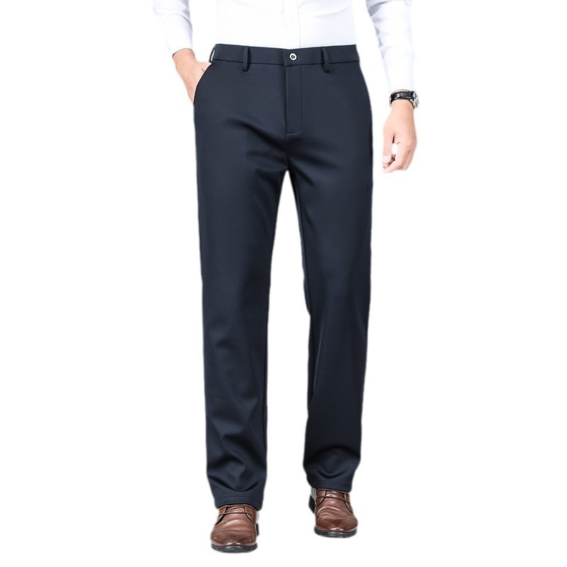 Jarné a jesenné hrubé pánske ležérne nohavice, luxusné vyšívané, nežehliteľné pánske nohavice s flísovou podšívkou, teplé nohavice, rovné obchodné nohavice