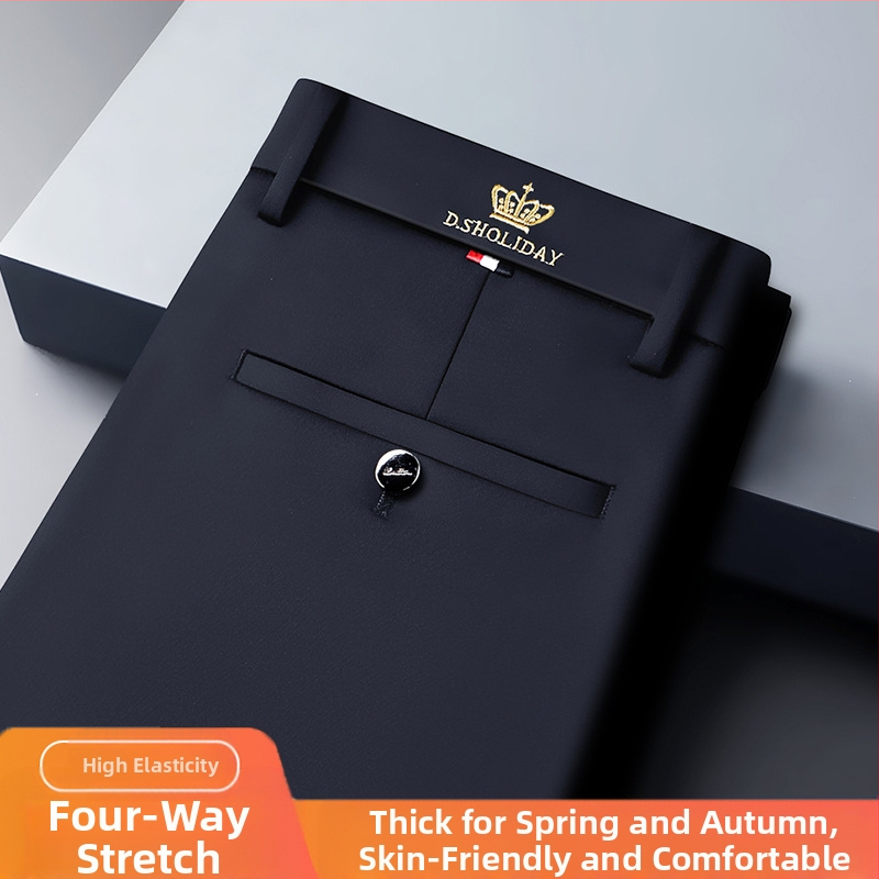 Jarné a jesenné hrubé pánske ležérne nohavice, luxusné vyšívané, nežehliteľné pánske nohavice s flísovou podšívkou, teplé nohavice, rovné obchodné nohavice