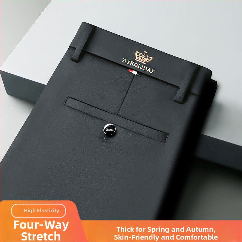 Jarné a jesenné hrubé pánske ležérne nohavice, luxusné vyšívané, nežehliteľné pánske nohavice s flísovou podšívkou, teplé nohavice, rovné obchodné nohavice