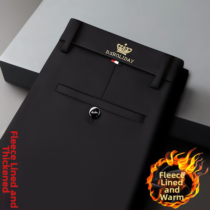 Jarné a jesenné hrubé pánske ležérne nohavice, luxusné vyšívané, nežehliteľné pánske nohavice s flísovou podšívkou, teplé nohavice, rovné obchodné nohavice