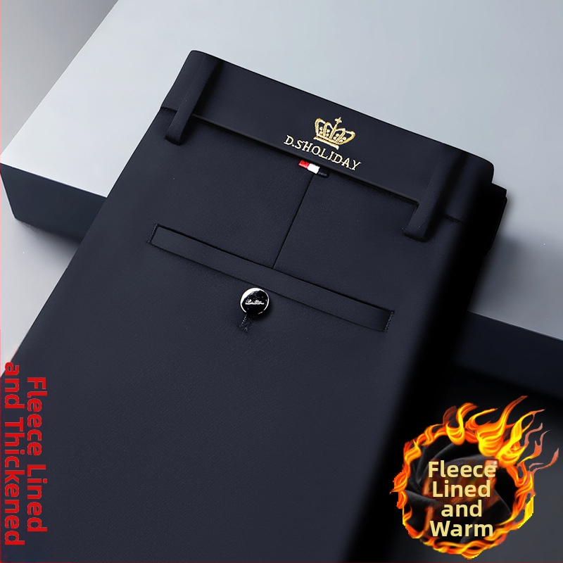 Jarné a jesenné hrubé pánske ležérne nohavice, luxusné vyšívané, nežehliteľné pánske nohavice s flísovou podšívkou, teplé nohavice, rovné obchodné nohavice