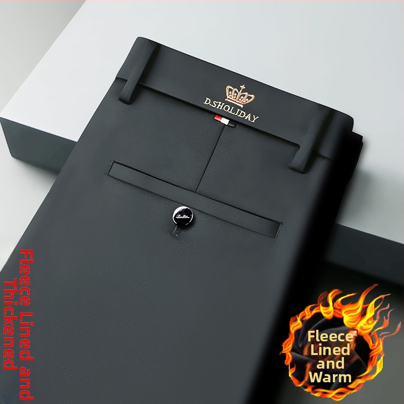 Jarné a jesenné hrubé pánske ležérne nohavice, luxusné vyšívané, nežehliteľné pánske nohavice s flísovou podšívkou, teplé nohavice, rovné obchodné nohavice