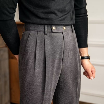 Pantaloni de costum bărbătești de înaltă calitate Napoli, stil italian parizian, cu cataramă lungă, pantaloni de costum lungi pentru bărbați, fără călcare, cu 9 puncte, din lână, all-match