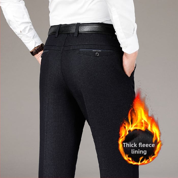 Pantaloni casual îngroșați cu căptușeală din fleece pentru bărbați, de vârstă mijlocie, de toamnă și de iarnă, de vârstă mijlocie și vârstnici, lejeri, drepți, costum de afaceri pentru tată, pantaloni plus size