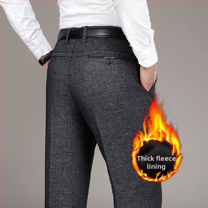 Pantaloni casual îngroșați cu căptușeală din fleece pentru bărbați, de vârstă mijlocie, de toamnă și de iarnă, de vârstă mijlocie și vârstnici, lejeri, drepți, costum de afaceri pentru tată, pantaloni plus size