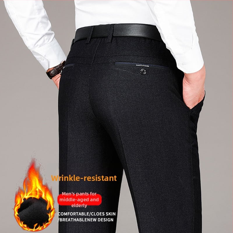 Pantaloni casual îngroșați cu căptușeală din fleece pentru bărbați, de vârstă mijlocie, de toamnă și de iarnă, de vârstă mijlocie și vârstnici, lejeri, drepți, costum de afaceri pentru tată, pantaloni plus size