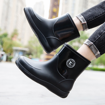 Ανδρικές μπότες βροχής με βελούδο, ζεστές, ειδικές μπότες βροχής για ψάρεμα, αντιολισθητικές, προστατευτικές για την κουζίνα, εργασία, υπαίθρια παπούτσια νερού, μεσαίες μπότες νερού με σωλήνα