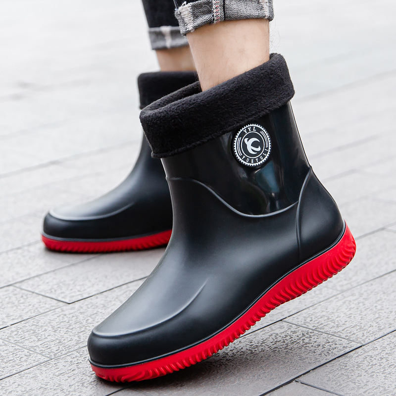 Ανδρικές μπότες βροχής με βελούδο, ζεστές, ειδικές μπότες βροχής για ψάρεμα, αντιολισθητικές, προστατευτικές για την κουζίνα, εργασία, υπαίθρια παπούτσια νερού, μεσαίες μπότες νερού με σωλήνα